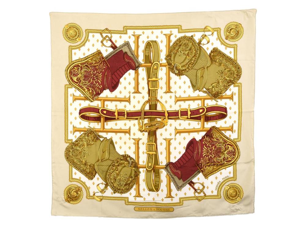 Accessories

Scarves

SCARF, HERMÈS, Selles a Housse, Christiane Vauzelles, 100% silk, red, gold, white, approx. 90x90 cm.