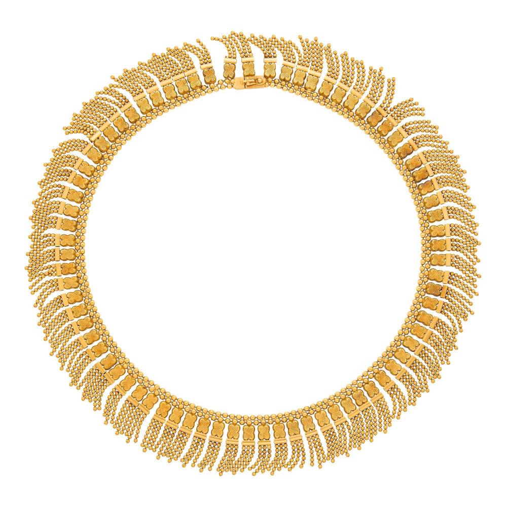 Property from a Prominent Maryland Collection18 kt., circa 1880, ap. 75 dwts. Length 17 inches.

Width 1 inch.                            
Any condition statement is given as a courtesy to a client, is an opinion and should not be treated as a statement of fact and our Organization shall have no responsibility for any error or omission. Please contact the specialist department to request further information or additional images that may be available.