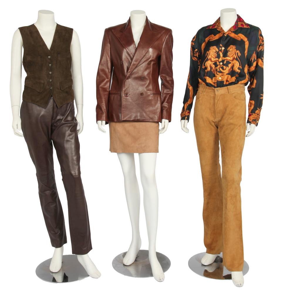 A group of Ralph Lauren separates, mid-1990s

A group of Ralph Lauren separates, mid-1990s

six pieces, comprising: a brown leather double-breasted jacket, with notched lapels, faux slit pockets, purple label, size 8, bust 102cm 40in; a silk blouse printed with gold lions and multicoloured tartan patterns, labelled, size M, chest 112cm 44in; a pair of brown suede high-waisted straight leg trousers, purple label, size 8, waist 71cm 28in; a pair of brown leather trousers; a brown suede skirt; and a brown suede waistcoat with a printed silk back, all labelled (6)

Share this lot: