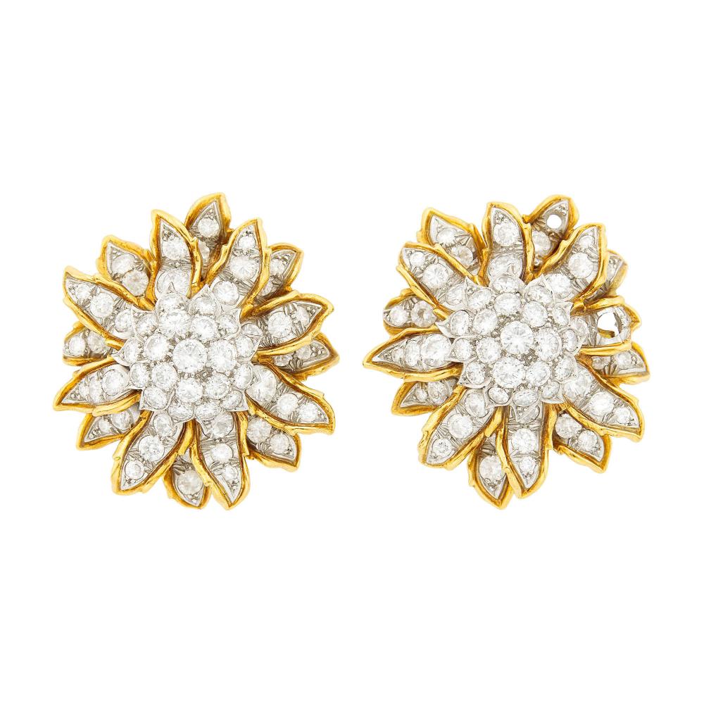 Property of a Distinguished Lady from Athens, Greece18 kt., 112 round diamonds ap. 8.85 cts., signed Tiffany & Co., ap. 24.6 dwts.

Diamonds: G-H-I-VS.Clip-backs. 1 3/16 x 1 5/16 inches.                            
Any condition statement is given as a courtesy to a client, is an opinion and should not be treated as a statement of fact and our Organization shall have no responsibility for any error or omission. Please contact the specialist department to request further information or additional images that may be available.