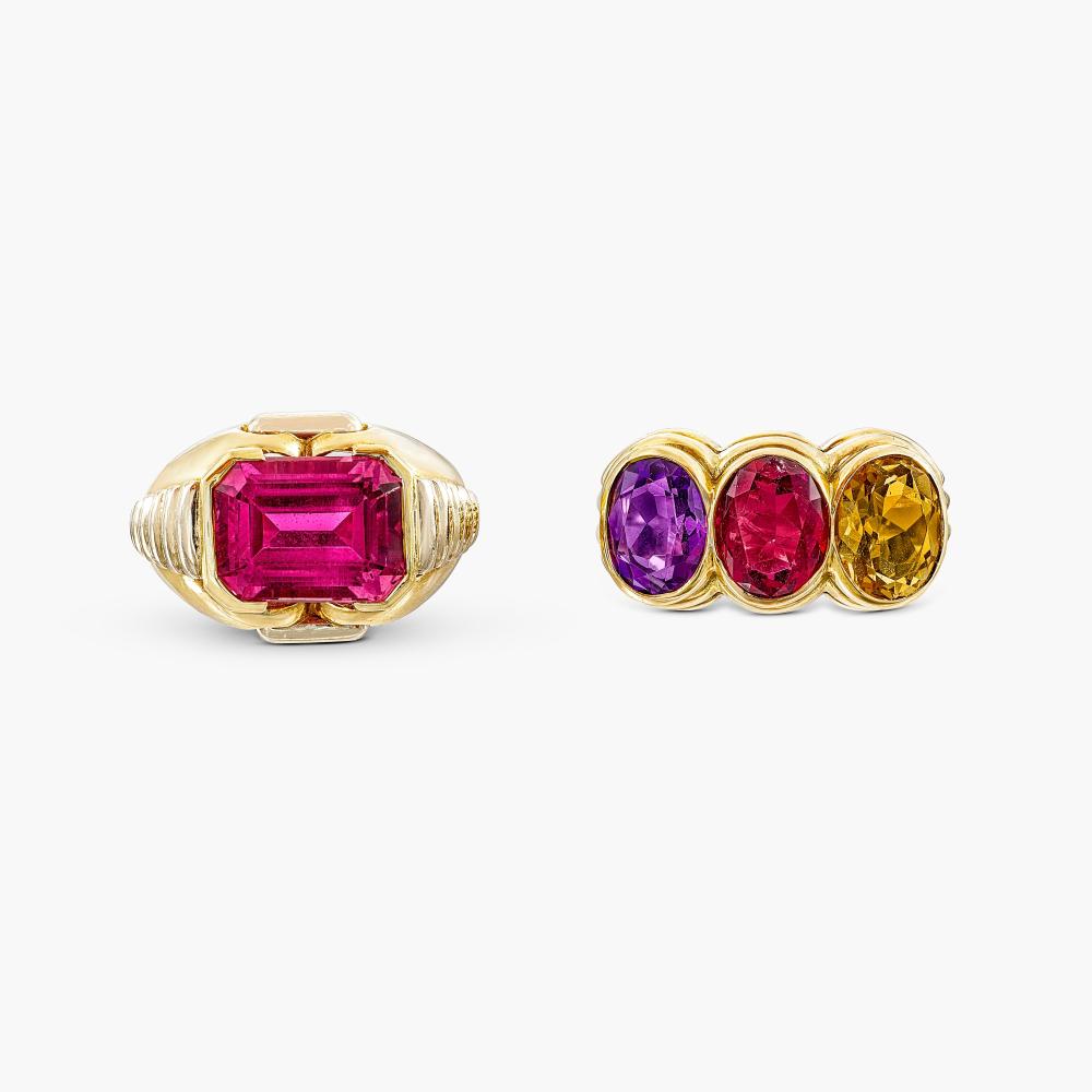 Bulgari

The ring set with a step-cut pink tourmaline; and a ring set with oval citrine, garnet and amethyst.