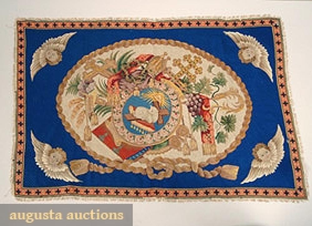 ECCLESIASTICAL NEEDLEWORK, LATE 19th C

Fringed rectangle w/ oval reserve on blue ground in petit point, needlepoint, silk & wool embroidery depicting Christian symbols, 25" X 48", excellent.		
Bid Online
Price Realized: $57.50Category:TextilesEra:1850-1890
11.6932.809.8