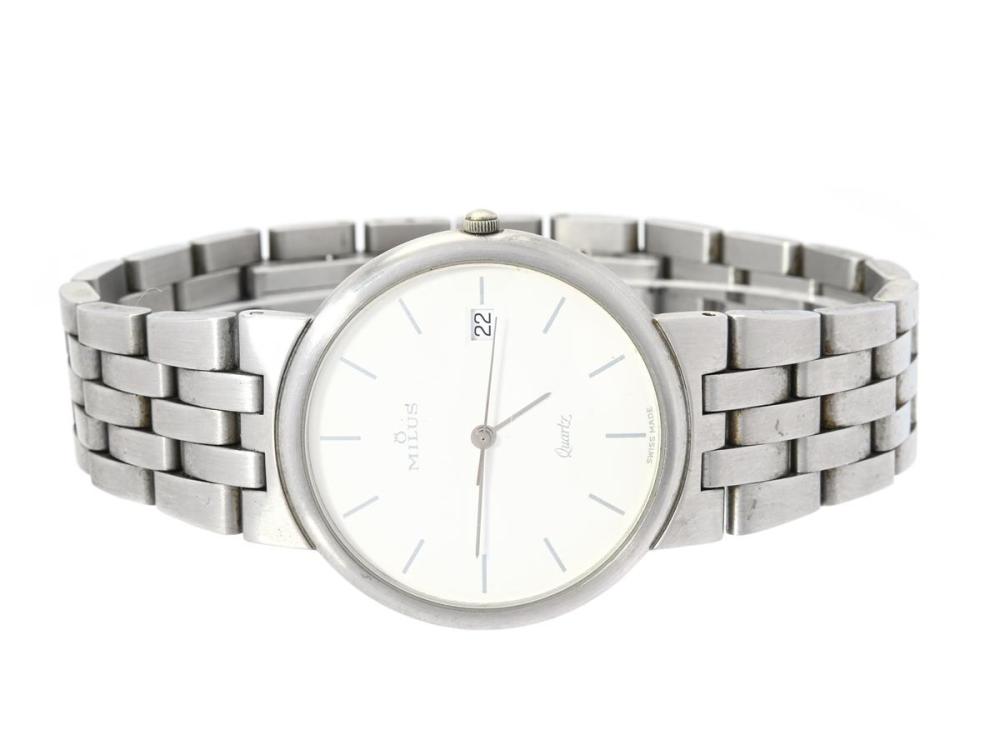 Watches

Milus

MILUS, "Projet Paul Junod", men´s wristwatch, 33 mm, Serial no. 0095, Case no. 510.012, steel, quartz, mineral crystal, date, integrated original bracelet, folding clasp, approx. 2000.