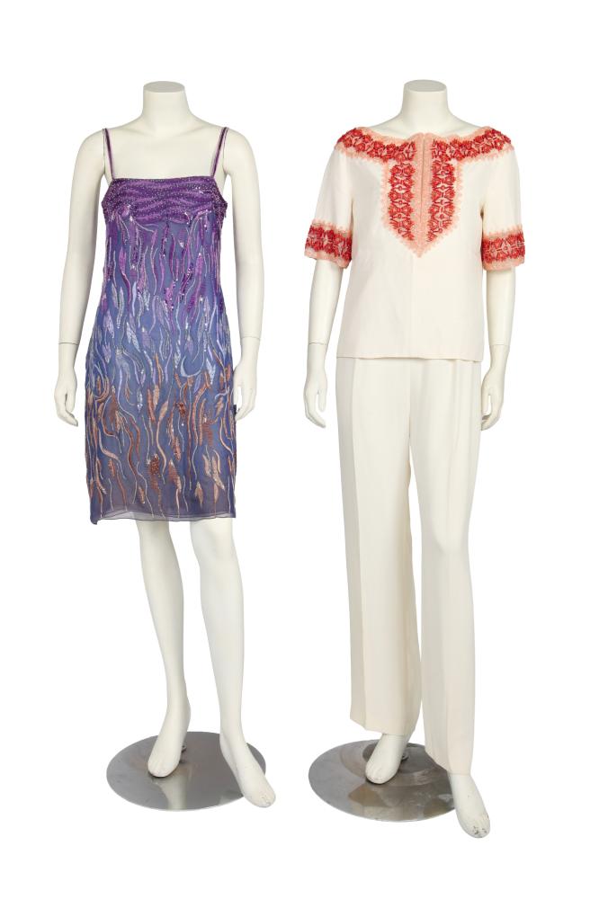 A group of Valentino Garavani beaded garments, 1990s

A group of Valentino Garavani beaded garments, 1990s

labelled, comprising: a purple shot-silk chiffon mini dress, embroidered with purple floss silk leaves, embellished with seed beads and sequins throughout, the dégradé beading and embroidery fading from purple to pale blue, lined in shot-silk, bust 81cm 32in; an ivory silk dupion blouse heavily embellished to neckline and sleeves with faux coral beads, peach seed beads and gold threads in the style of an Indian Kurti, bust 91cm 36in; and a pair of wool-blend wide legged ivory trousers, waist 76cm 30in (3)

Share this lot: