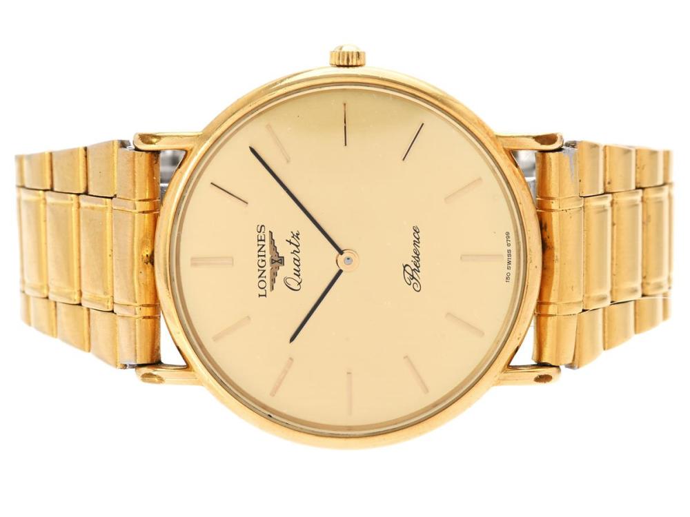 Watches

Longines

LONGINES, Présence, Serial no. 217773335, Case no. 6799 1 / 150, men´s wristwatch, 32 mm, gold plated (10 micron), quartz, mineral crystal, certificate, August 1987, metal bracelet not original, box.
