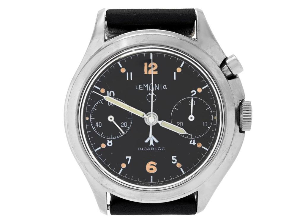 Watches

Lemania

LEMANIA, "RAF", Cal 2210, Serial no. 667348, Case no. 35-64, single button chronograph, men´s wristwatch, 40 mm, steel, manual winding, plastic crystal, damaged dial, replaced movement, military engravings (6BB/924-3306/1785/65), leather strap, approx. 1964.