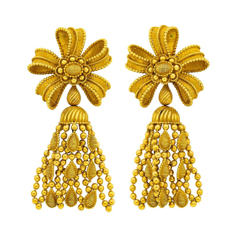 Property of a Distinguished Lady from Athens, Greece18 kt., signed Tiffany & Co., France, with maker’s mark, ap. 23 dwts.

Clip-backs. 2 3/8 x 1 (top diameters) inches.                            
Any condition statement is given as a courtesy to a client, is an opinion and should not be treated as a statement of fact and our Organization shall have no responsibility for any error or omission. Please contact the specialist department to request further information or additional images that may be available.