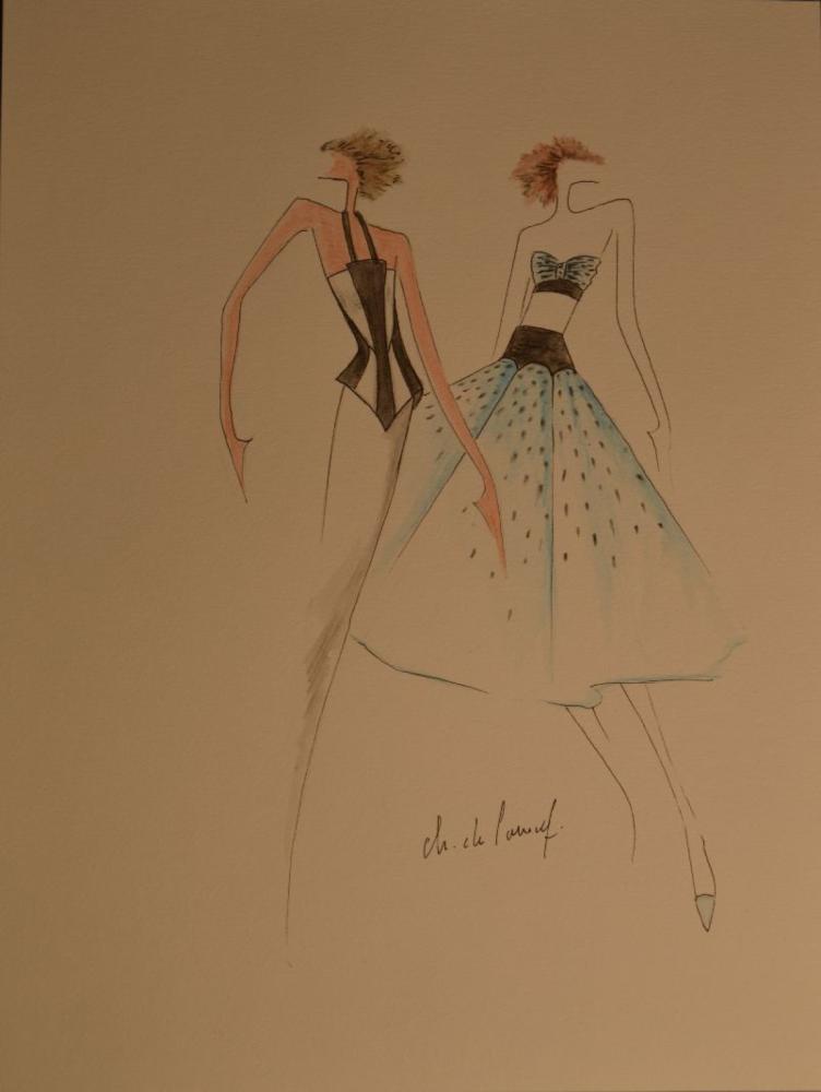 COLLECTION DU CREATEUR CHRISTIAN CHODRON...

COLLECTION DU CREATEUR CHRISTIAN CHODRON DE COURCEL Croquis sur canson Crayon de couleur Signé 32x24 cm