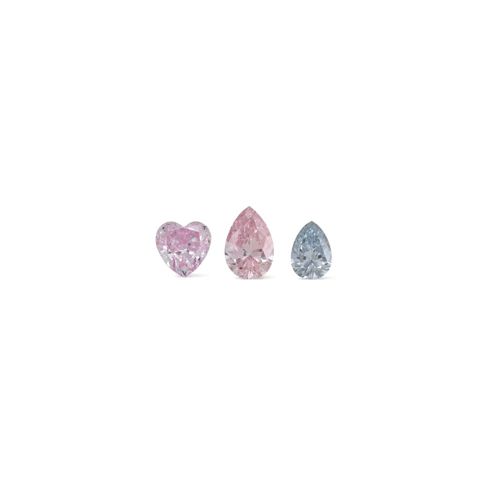 THREE UNMOUNTED COLOURED DIAMONDS

Fancy Light Gray-Blue pear brilliant-cut diamond of 0.10 carat 
GIA, 2013, report no. 1152754391: 0.10 carat, Fancy Light Gray-Blue, natural colour 
Fancy Purplish Pink heart modified brilliant-cut diamond of 0.16 carat 
GIA, 2013, report no. 51517101213: 0.16 carat, Fancy Purplish Pink, natural colour, SI2 clarity, laser inscription 
Argyle Tender Gem Identification and Authenticity Document, 2013, ID no. 109261: 0.17 carat, 7PP colour, SI2 clarity 
Fancy Pink pear brilliant-cut diamond of 0.18 carat 
GIA, 2013, report no. 5151334796: 0.18 carat, Fancy Pink, natural colour, I1 clarity, laser inscription 
Argyle Tender Gem Identification and Authenticity Document, 2012, certificate no. 5025, ID no. 79750: 0.18 carat, 7PR colour, SI2 clarity 
Size/Dimensions: 3.84 x 2.63 x 1.69 mm, 3.72 x 3.62 x 1.83 mm and 4.75 x 3.22 x 1.99 mm 
Gross Weight: 0.2 gram 
Please note that these reports are over 5 years old and may require an update