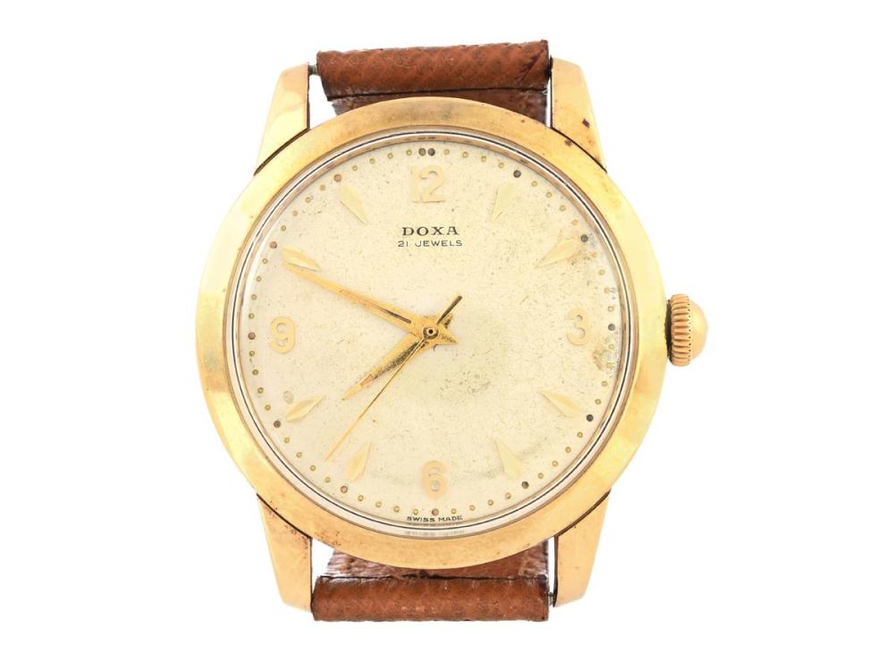 Watches

Doxa

DOXA, "Dead Beat Seconds", men´s wristwatch, 35 mm, Cal Chezard 116, Serial no. 1085151, Case no. 15000 0, 14K gold, manual winding, plastic crystal, damaged dial, leather strap, approx. 1955.