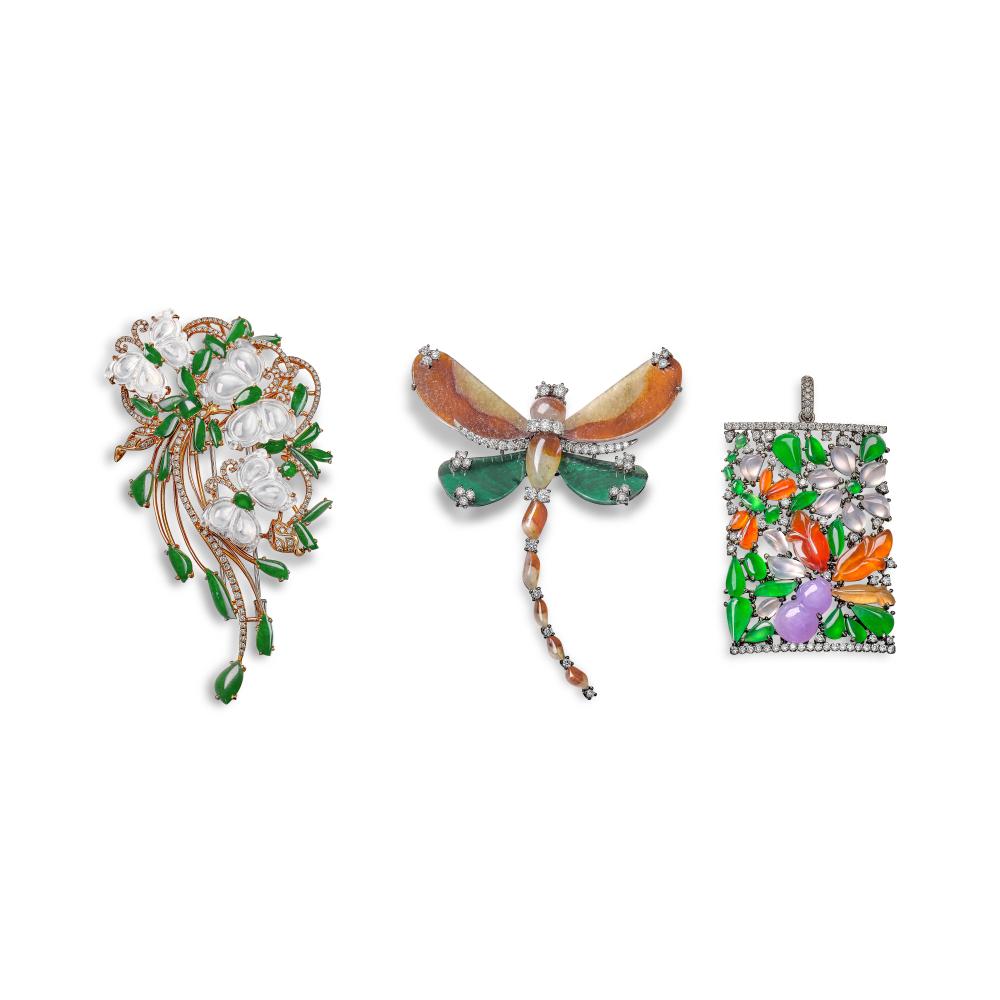 Group of Jadeite and Diamond Jewellery | 翡翠 配 鑽石 珠寶一組

Comprising: a brooch of foliate and butterfly design, set with carved icy jadeite and jadeite of intense green colour, one butterfly set en tremblant, decorated with brilliant-cut diamonds; a brooch designed as a dragonfly, set with carved jadeite of intense green colour and russet colour with light yellow patches, highlighted with brilliant-cut diamonds; and a pendant of stylised flower and hulu design, set with carved icy, lavender, bright green, russet, and light yellow jadeite, accented by brilliant-cut diamonds.