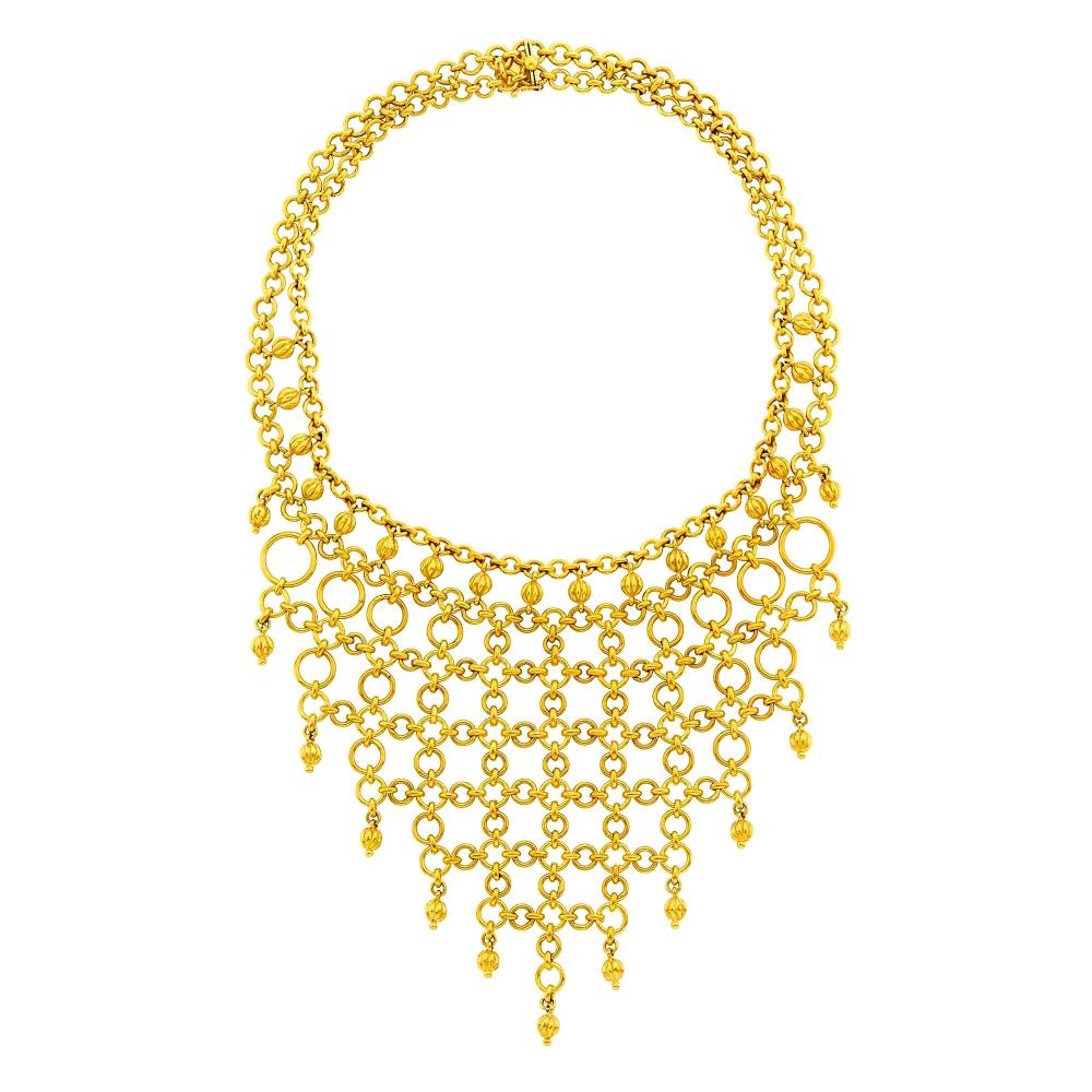 Property of a Distinguished Lady from Athens, Greece18 kt., signed Tiffany & Co., Italy, ap. 86.7 dwts. Length 14 1/2 inches.

Bib width 4 inches.                            
Any condition statement is given as a courtesy to a client, is an opinion and should not be treated as a statement of fact and our Organization shall have no responsibility for any error or omission. Please contact the specialist department to request further information or additional images that may be available.