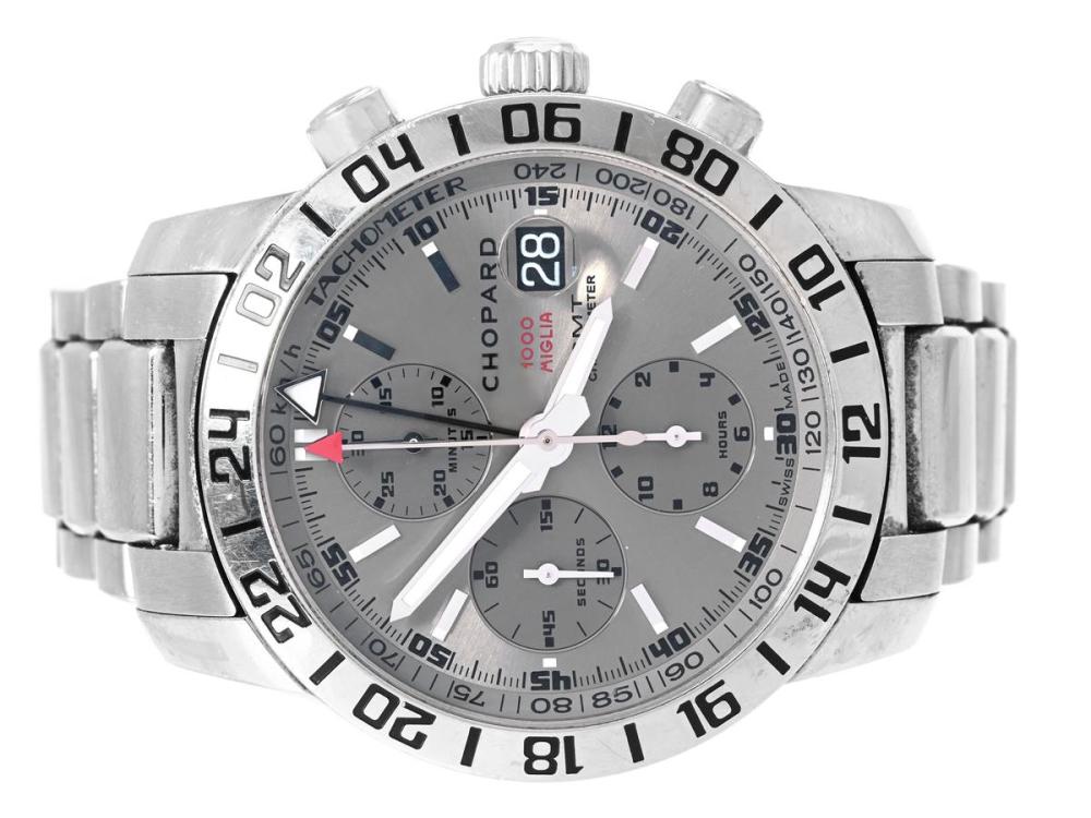 Watches

Chopard

CHOPARD, Mille Miglia, GMT, Chronometer, "Tachometer", Cal ETA 7754, Movement no. 79323, Serial no. 1650002, Case no. 8992, chronograph, men´s wristwatch, 42 mm, steel, self winding, sapphire crystal, date, 24-hour indicator. display caseback, original bracelet, folding clasp, approx. 2008.