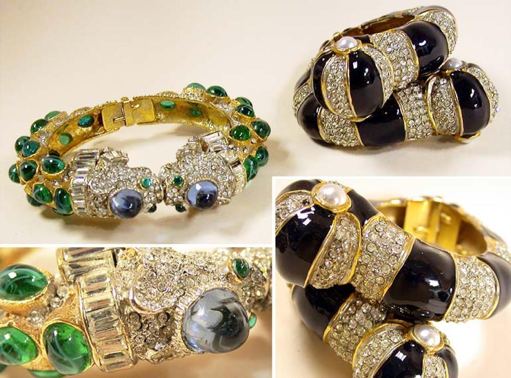 Two Kenneth Jay Lane Hinged Bracelets

Lot 915
Two Kenneth Jay Lane Hinged Bracelets
 American, mid 1960s 
 The first of gilt-metal with emerald colored cabochons with diamante and rhinestone lion heads; the second of black enamel and diamante stripes with bulbous overlap, both marked: KJL.
