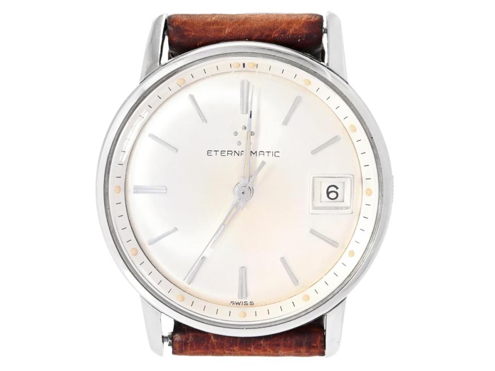 Watches

Eterna

ETERNA MATIC, men´s wristwatch, 34 mm, Cal 1422 UD, Serial no. 4895012, Case no. 4711513 / 132 IT, steel, self winding, plastic crystal date, leather strap, original steel buckle, approx. 1963, case.