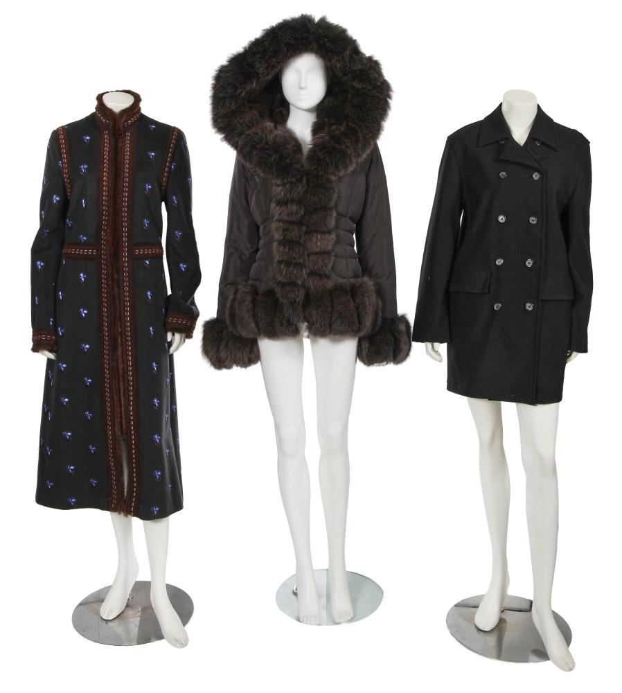 A group of designer outerwear, 2000s

A group of designer outerwear, 2000s

comprising: an Andrew Gn evergreen wool-cashmere blend coat with mink fur trim, embroidered with iris flowers, brown chenille braids and velvet ribbons, with stand collar, hook and eye closure, labelled, size L, chest 97cm 38in; a Moncler taupe nylon down jacket with fur trim, fitted waist, hook and eye closure, labelled, size 2, chest 112cm 44in; a Prada black nylon double-breasted overcoat with notched lapels, welt pockets, labelled, size L, chest 112cm 44in (3)

Share this lot: