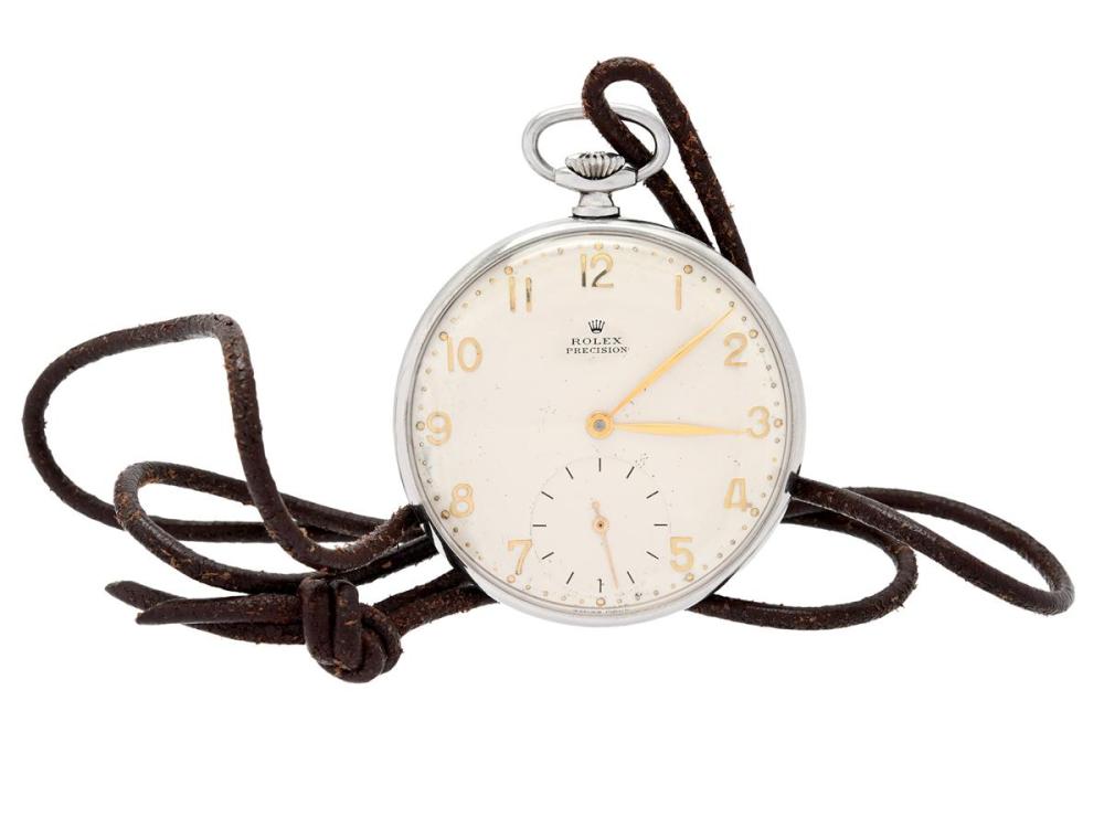 Watches

Rolex

ROLEX, Precision, dress watch, 42 mm, Ref no. 4653, Serial no. 562476, steel, lever escapement, damaged dial, approx. 1945.