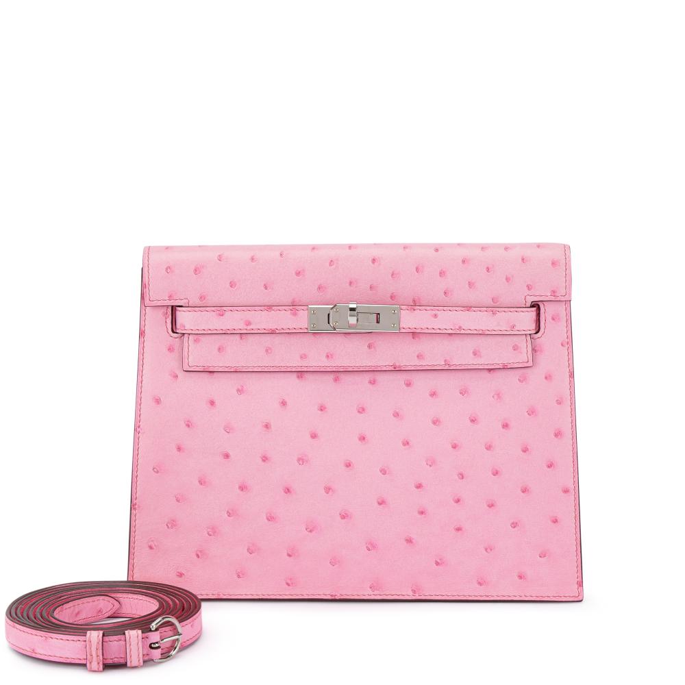 Hermès

Hermès 5P Bubblegum Pink Ostrich Kelly Danse II Palladium Hardware, 2022

愛馬仕5P泡泡糖粉色鴕鳥皮凱莉Danse二代包，配鍍鈀金屬件，2022年

CITES NOTICE:

Please note that this lot includes endangered species. This lot must either be delivered to its final destination within Hong Kong or personally picked up in Hong Kong. A buyer taking this lot outside of Hong Kong is responsible for ensuring that they do so in accordance with all applicable Hong Kong laws and regulations. It is a buyer’s responsibility to ensure they are legally importing the lot into the destination country in full compliance with the laws of the country of importation. Please familiarize yourself with the applicable Hong Kong laws and the laws of the country of importation before bidding on this lot. A failure to obtain any required export and/or import permits from the applicable authority (and any consequences from failing to transport this lot in accordance with applicable laws and regulations) is not a ground for cancellation of the sale of the lot. Please note that the ability to obtain an export permit or certificate does not ensure the ability to obtain an import permit or certificate in another country, or vice versa. Please refer to the Guide for Buyers at Auction and Conditions of Business for Buyers for additional information. Sotheby’s Post Sale Services can be reached by email (hkpostsaleservices@sothebys.com).

Please note that Condition 12 of the Conditions of Business for Buyers is not applicable to this lot.