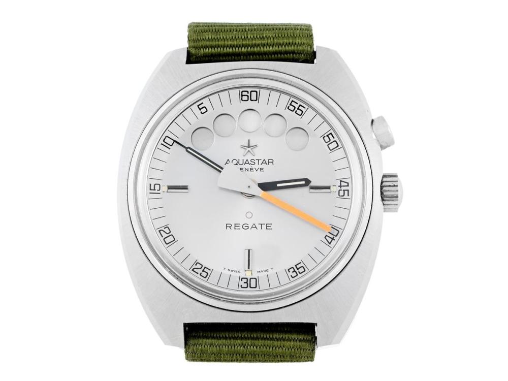 Watches

Aquastar

AQUASTAR, Regate (T Swiss Made T), Cal Lemania 1345. Serial no. 3252394, Case no. 3100083 / 9851, sailers watch, men´s wristwatch, 39 mm, steel, self winding, plastic crystal, NATO-strap, approx. 1970.