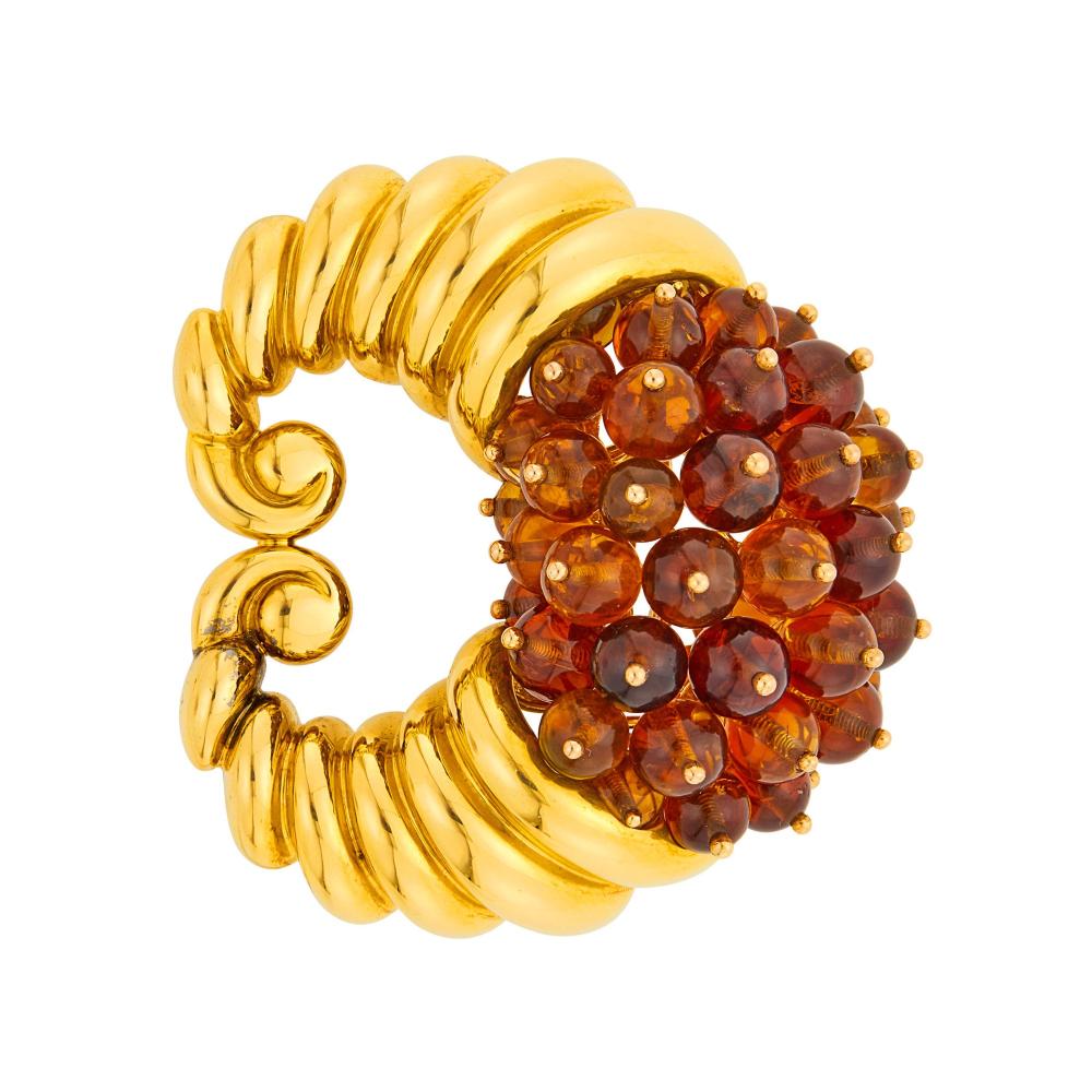 Property from a Prominent Maryland Collection18 kt., 39 citrine beads, signed St. N. Herz, Belperron, France, SO, with maker’s mark and French assay marks, ap. 49.3 dwts.

Citrine beads: brownish to reddish orange, cleanish to slightly included, translucent, good polish.2 1/8 x 2 inches.                            
Any condition statement is given as a courtesy to a client, is an opinion and should not be treated as a statement of fact and our Organization shall have no responsibility for any error or omission. Please contact the specialist department to request further information or additional images that may be available.