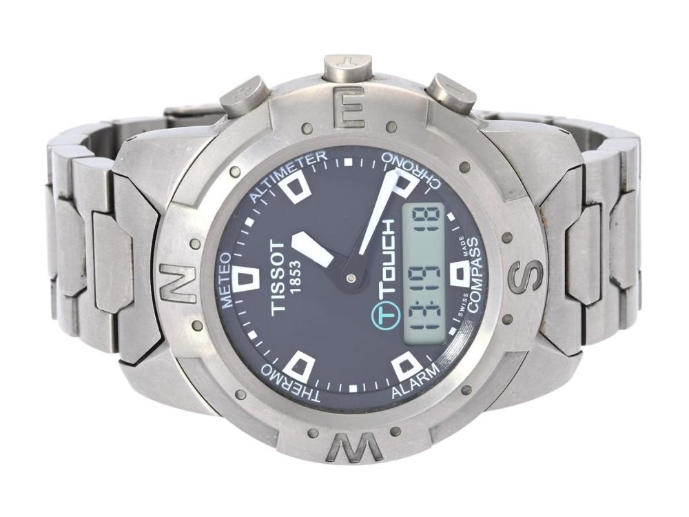 Watches

Tissot

TISSOT, T-Touch, "First Gen", Serial no. TKR-HA-12156, Ref no. T33.7.888.51, Case no. Z351, men´s wristwatch, 42 mm, analog/digital, titanium, quartz, sapphire crystal, original bracelet, folding clasp, Ref no. Z350.650, approx. 2001.
