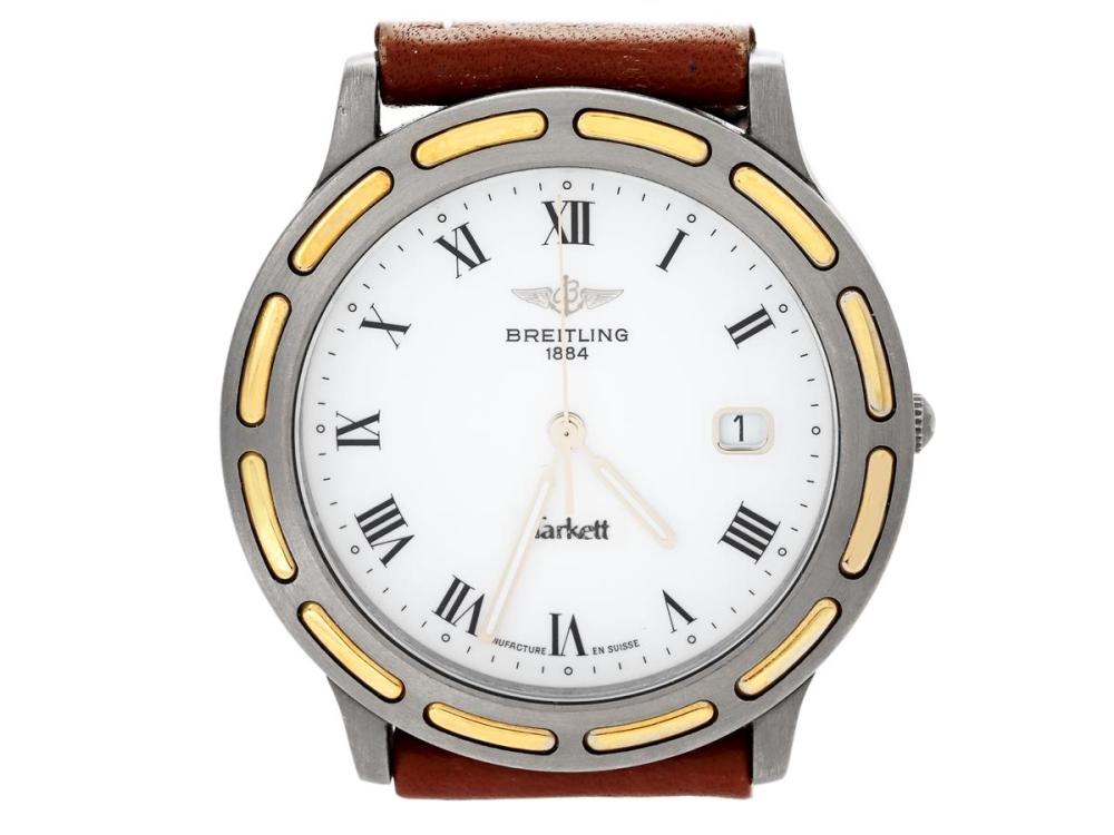 Watches

Breitling

PROMOTIONUR, "Tarkett", manufactured by Breitling, Serial no. 3759, Ref no. E50145, men´s wristwatch, 36 mm, titanium/gold plated, quartz, mineral crystal, date, leather strap, original buckle, approx. 1993.