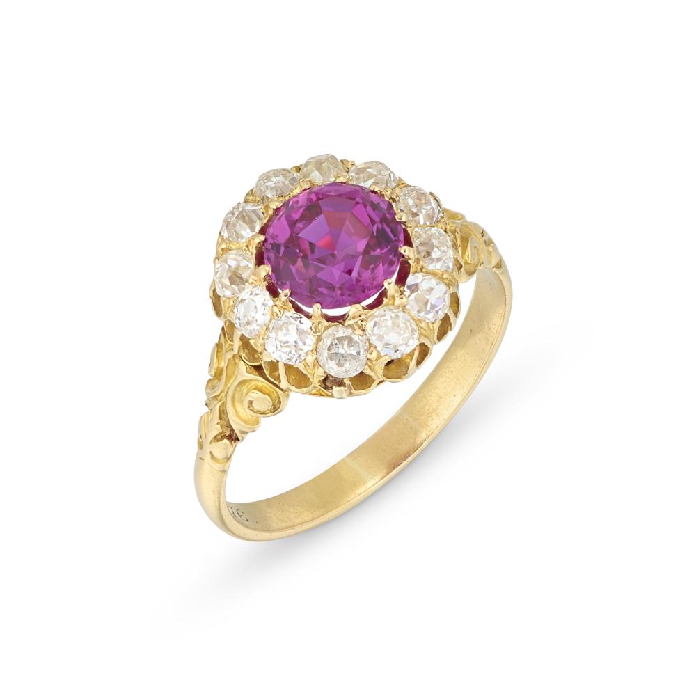 LATE 19TH CENTURY COLOURED SAPPHIRE AND DIAMOND RING

Circular-cut pink sapphire of 2.15 carats, old-cut diamonds, circa 1876 
Gübelin, 2026, report no. 26037347: Burma (Myanmar), no indications of heating 
Size/Dimensions: UK ring size Q 
Gross Weight: 5.0 grams