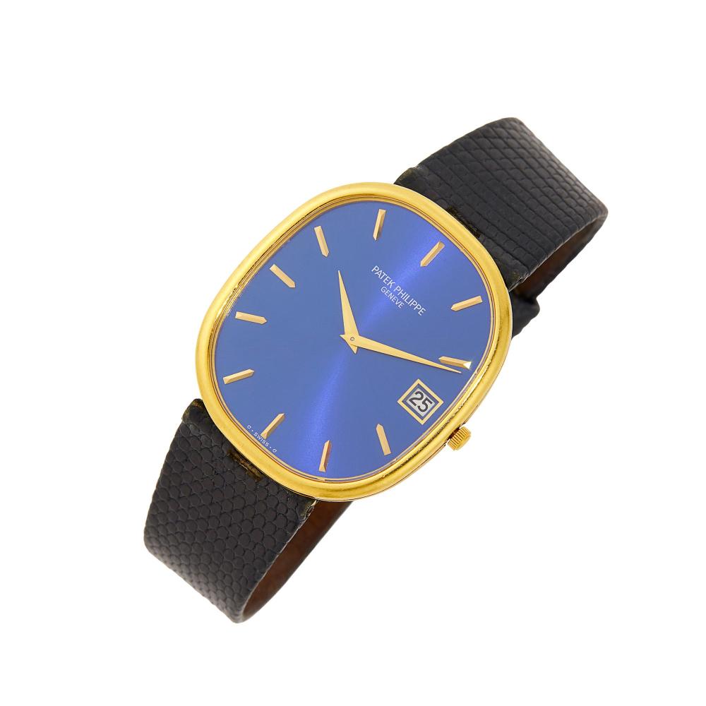 Property from the Estate of a Connecticut Collector18 kt., automatic, cushion-shaped blue dial, applied gold bar markers and dauphine hands, date aperture, sapphire crystal, case diameter ap. 38 x 33 mm., black lizard strap with gold buckle, dial, movement and case signed Patek Philippe, movement no. 1302177, case no. 2752435, strap and buckle with maker’s mark.

The movement is currently running, but not guaranteed to be in working order. 36J. 5 pos.Strap worn.Case diameter 1 1/2 x 1 1/4 inches.                            
Any condition statement is given as a courtesy to a client, is an opinion and should not be treated as a statement of fact and our Organization shall have no responsibility for any error or omission. Please contact the specialist department to request further information or additional images that may be available.