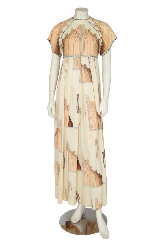 A Jean Varon printed crêpe dress, 1970s

A Jean Varon printed crêpe dress, 1970s

labelled, size 12, printed with Erté-inspired illustrations of women in profile and sheaves of wheat, the empire-waist bodice and sleeves edged with black and white striped edging, with brass buttons to waist and collar, waist approx 71cm 28in

Share this lot: