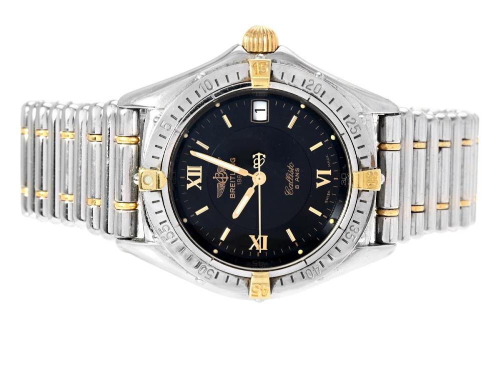 Watches

Breitling

BREITLING, Callisto (8 ANS), Cal 64, Serial no. 0041, Ref no. B64046, unisex, 34,5 mm, bicolour, quartz, sapphire crystal, date, Rouleaux bracelet (steel/gold), folding clasp, certificate, October 1995, box (damaged), paper box.