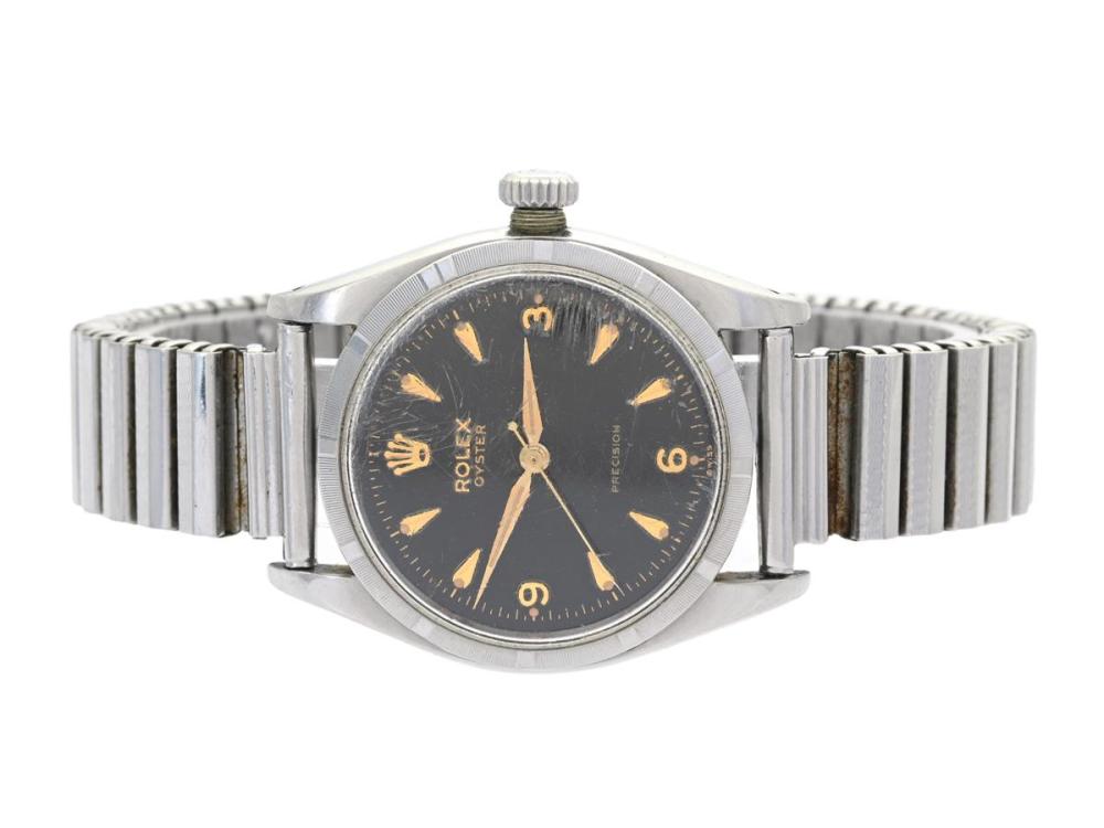 Watches

Rolex

ROLEX, Oyster, Precision, Ref no. 6423, Serial no. 70194, Cal 1210, Movement no. 04450, Case no. 6423, men´s wristwatch, 34,5 mm, steel, manual winding, plastic crystal, damaged dial, defect (needs overhaul), damaged crown/crown tube, manufactured first quarter 1955, metal bracelet not original.