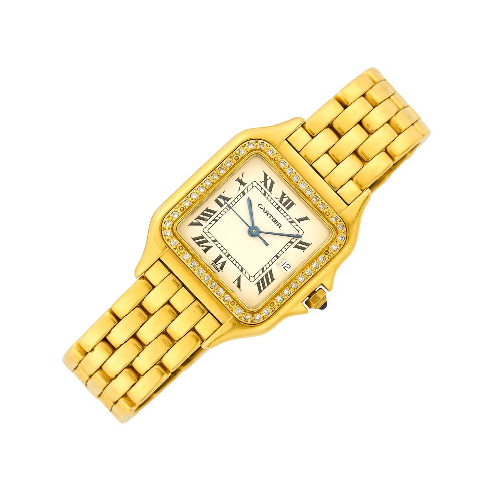 Property from the Estate of a Sutton Place Gentleman18 kt., quartz, square cream dial, black Roman numerals, blued steel hands, sweep seconds, date aperture, aftermarket diamond-set bezel, small round cabochon sapphire crown, case diameter ap. 27 mm., five-row bar link bracelet with double deployant clasp, dial, movement, case and clasp signed Cartier, serial no. 887968000288, clasp with maker’s mark, reverse of case with personal engraving, three screws missing from clasp, ap. 72.8 dwts. gross. Length 7 1/8 inches.

The movement is not running. It is not a battery issue.Reverse of case with personal engraving. Three screws missing from clasp.Case diameter 1 1/16 inches. Bracelet width 5/8 inch.                            
Any condition statement is given as a courtesy to a client, is an opinion and should not be treated as a statement of fact and our Organization shall have no responsibility for any error or omission. Please contact the specialist department to request further information or additional images that may be available.