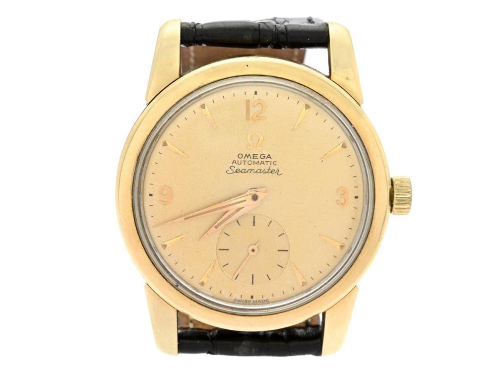 Watches

Omega

OMEGA, Seamaster, Cal 491, Serial no. 14666781, Ref no. OJ 2848, Case no. 2848/2846 SC / 11458051, men´s wristwatch, 34 mm, 14K gold, self winding, plastic crystal, small seconds hand, damaged dial, leather strap, approx. 1955.