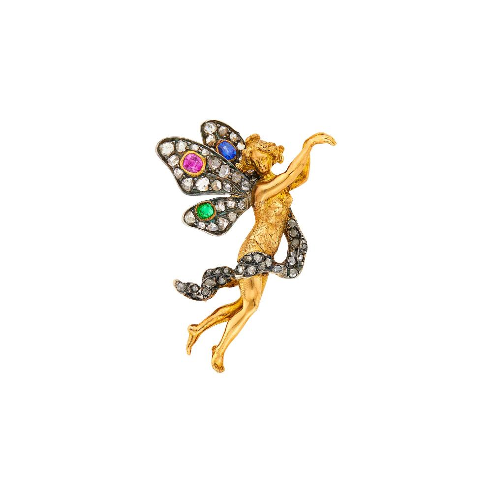 Property from a Prominent Maryland CollectionRose-cut diamonds, one cushion-shaped ruby, sapphire and cabochon emerald, circa 1890, ap. 8 dwts.

Colored stones: bright vivid pinkish raspberry, slightly included, medium slightly violetish blue, very slightly included, minor table edge abrasions, and medium deep green, moderately included, translucent, good polish.1 9/16 x 1 1/8 inches.                            
Any condition statement is given as a courtesy to a client, is an opinion and should not be treated as a statement of fact and our Organization shall have no responsibility for any error or omission. Please contact the specialist department to request further information or additional images that may be available.