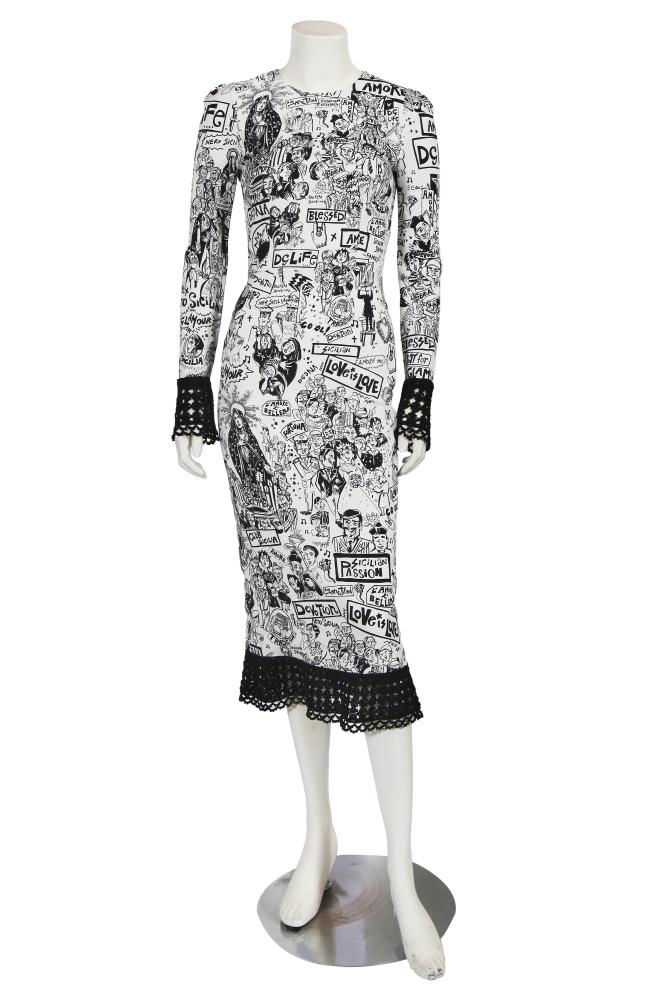 A Dolce & Gabbana black and white printed midi-dress, Spring-Summer 2019

A Dolce & Gabbana black and white printed midi-dress, Spring-Summer 2019

labelled, size 38, of white viscose-blend printed with black graffiti-style designs depicting various religious and archetypal Italian figures and symbols with a variety of Italian slogans, with long sleeves, black crochet lace cuffs and hem, bust 86cm 34in

Share this lot: