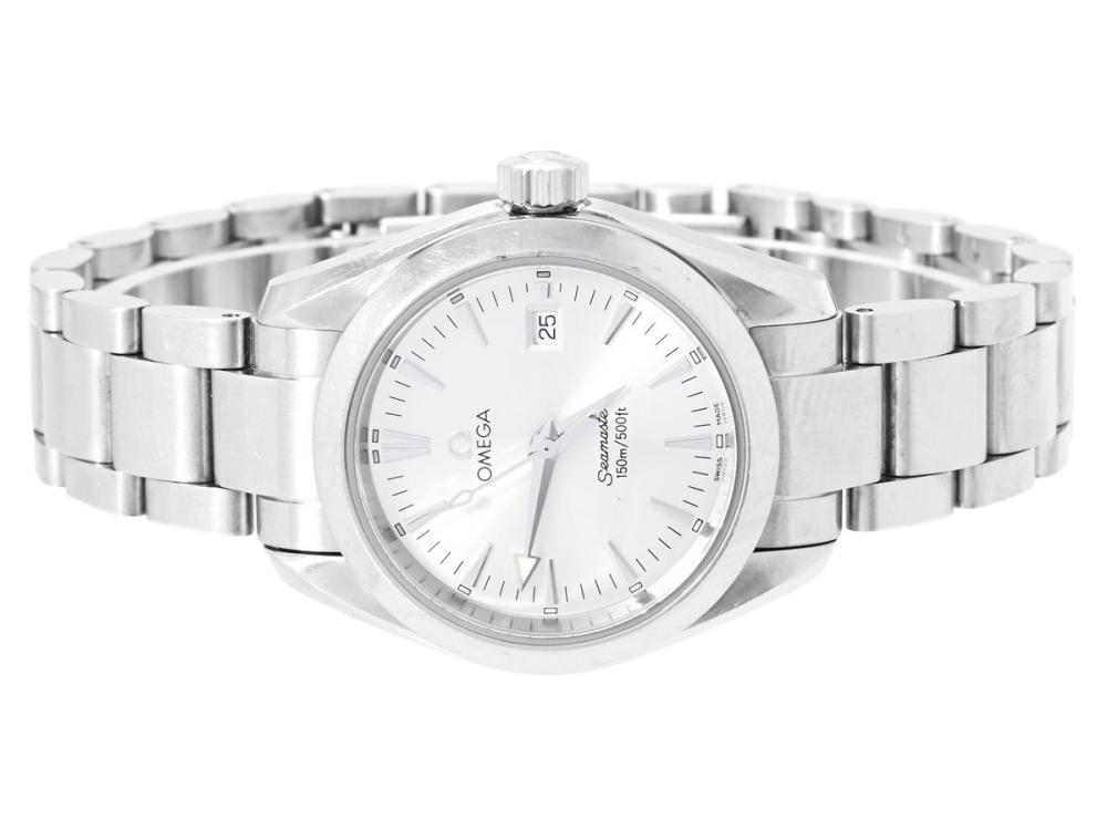 Watches

Omega

OMEGA, Seamaster (150m/500ft), Aqua Terra, Cal 1424, Serial no. 59013898, PIC no. 2577.30.00, Ref no. ST 596.1110, Case no. 596.1110 (LL), ladies´ wristwatch, 29,2 mm, steel, quartz, sapphire crystal (scratches), date, engraving, original bracelet, folding clasp, Ref no. 6573/912, approx. 2004.