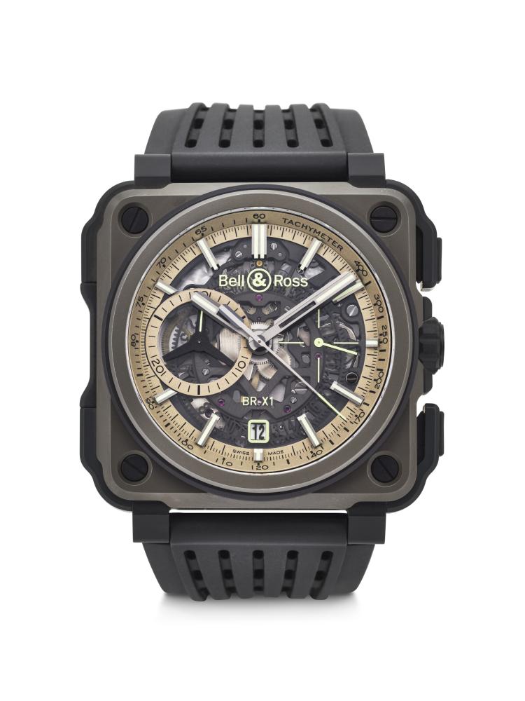BELL & ROSS, SPORTY LIMITED EDITION CERAMIC AND TITANIUM CHRONOGRAPH ‘BR-X1’ WITH DATE AND SEMI-SKELETONIZED DIAL, REF. BR X1-CE-TI-MIL

CIRCA: 2018 
CASE NO: 006/250 
CASE MATERIAL: Ceramic, titanium 
CASE DIAMETER: 49 x 53 mm. 
DIAL: Semi-skeletonized 
MOVEMENT: Automatic 
FUNCTIONS: Chronograph, date 
BUCKLE: PVD-coated stainless steel Bell & Ross buckle 
BOX: No 
PAPERS: Yes  
WITH: Undated Bell & Ross Warranty Card and product literature