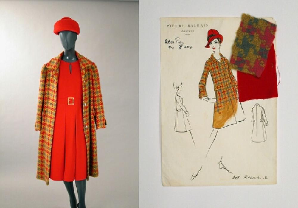 Balmain Houndstooth Three-Piece Coat and Dress Ensemble

Lot 540
Balmain Houndstooth Three-Piece Coat and Dress Ensemble
 French, mid 1960s 
 The coat of red, gold and gray houndstooth mohair, with gold metal buttons, the dress a chemise style with front pleating and gold buckle ornament, the hat a pillbox with pompom, size 8, the coat and hat labeled: Pierre Balmain.
Very good condition, except tears to coat lining.
 With original sketch and swatches for the ensemble.