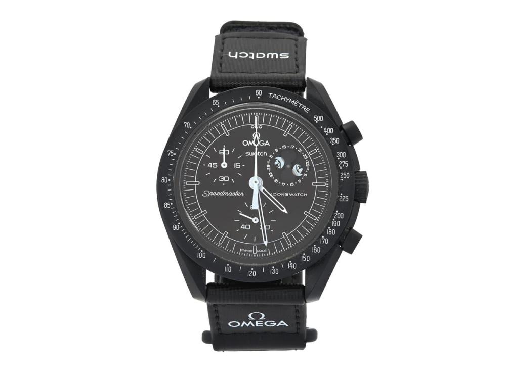 Watches

Swatch

SWATCH/OMEGA, MoonSwatch, Mission to MoonPhase, Ref no. SO33B700, chronograph, men´s wristwatch, 42 mm, bioceramic, quartz, plastic crystal, Velcro-strap, approx. 2024.