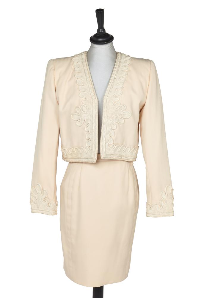 An Hubert de Givenchy haute couture ivory wool cocktail suit, circa 1986

An Hubert de Givenchy haute couture ivory wool cocktail suit, circa 1986

labelled and numbered 71812, the short jacket elaborately embroidered and couched with white silk cord, chest approx 91cm 36in; with similar but non-matching skirt, waist 66cm 26in (2)

Share this lot: