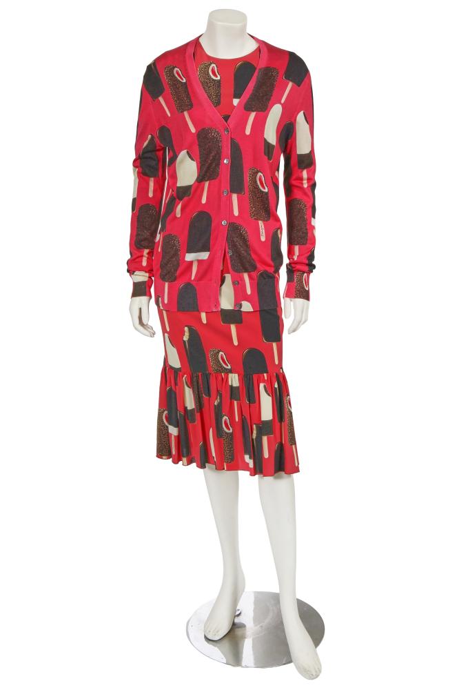 A Dolce & Gabbana ice-cream printed ensemble, Spring-Summer 2019

A Dolce & Gabbana ice-cream printed ensemble, Spring-Summer 2019

labelled, comprising: a raspberry-pink silk dress printed with chocolate and vanilla ice cream bars, with long sleeves, deep ruffle to the skirt hem, size 38, bust 86cm 34in; and a matching silk jersey cardigan with black mother-of-pearl buttons, size 36, bust 97cm 38in (2)

Share this lot: