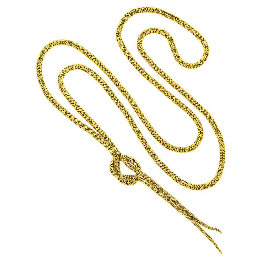 Property from a Prominent Downtown Charleston EstateTubular woven links, ap. 205.4 dwts. Total length 64 inches.

Tests as 18 kt.In overall good condition. Width 3/16 inch.                            
Any condition statement is given as a courtesy to a client, is an opinion and should not be treated as a statement of fact and our Organization shall have no responsibility for any error or omission. Please contact the specialist department to request further information or additional images that may be available.