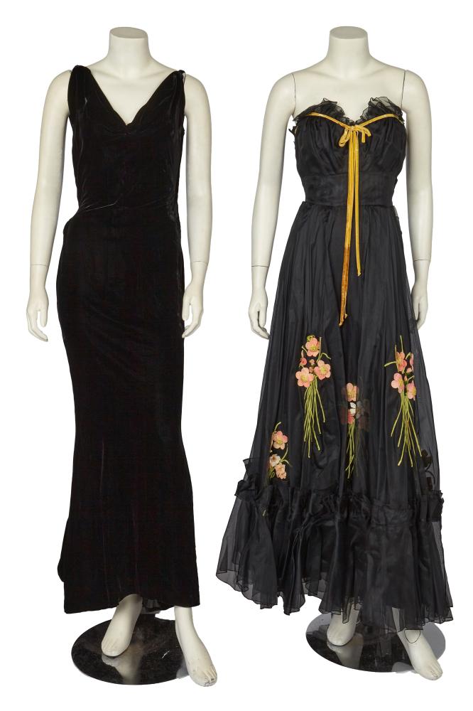 A Ceil Chapman black organdie ball gown, late 1940s

A Ceil Chapman black organdie ball gown, late 1940s

labelled, the strapless boned bodice with sweetheart neckline trimmed with yellow velvet streamers, the skirt appliquéd with spring blossoms, with flounced hem, bust 81cm 32in, waist 66cm 26in; together with a black velvet bias cut gown, 1930s, with rhinestone motif to rear mermaid hem, Harvey Nichols label, bust approx 86cm 34in (2)

Share this lot: