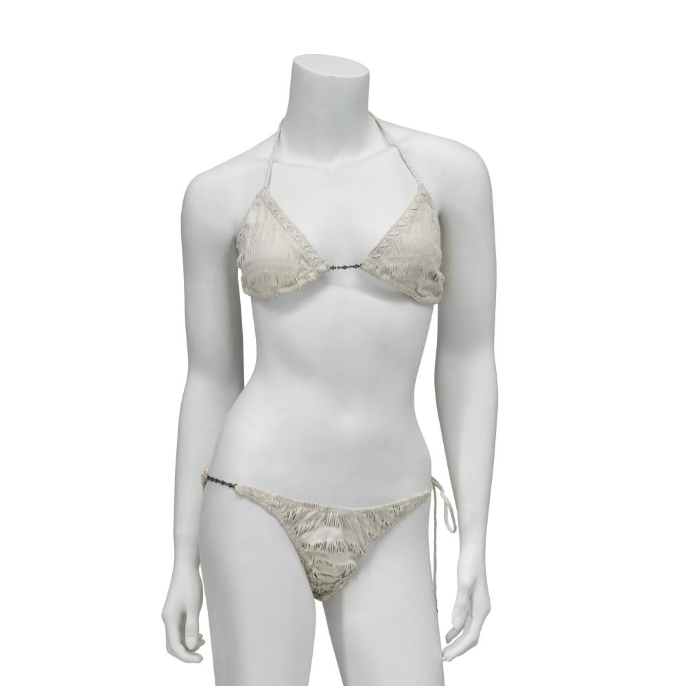 A RARE CRÈME LASER CUT SUEDE BIKINI WITH DIAMOND & STERLING SILVER HARDWARE