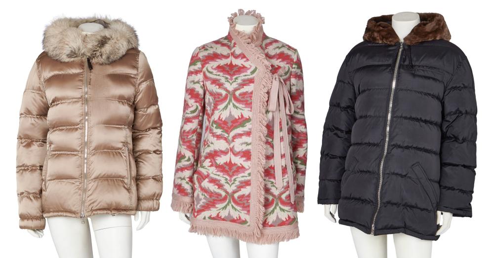 A group of designer outerwear, 2000s

A group of designer outerwear, 2000s

comprising: a Missoni multicoloured jacquard knit wool-blend jacket with ikat-style pattern, trimmed in baby pink fringing, asymmetric front tie closure, welt pockets, labelled, chest approx 102cm 40in; a Prada gold nylon down jacket with fox fur-trimmed hood, jetted pockets, drawstring hem, labelled, chest 107cm 42in; a Prada black nylon down jacket with a beaver fur-trimmed hood, welt pockets, elasticated cuffs and hem, labelled, size L, chest 107cm 42in (3)

Share this lot: