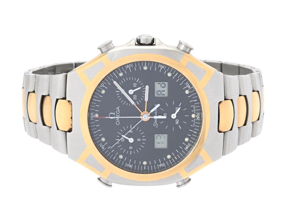 Watches

Omega

OMEGA, Seamaster, Polaris 1/100, "Olympic Games 1988", Serial no. 50697984, Ref no. DB 386.1232, Case no. 386.1232 (LL), chronograph (defect), men´s wristwatch, 37,5 mm, ana/digi, steel/gold, quartz, sapphire crystal, not signed movement, integrated original brac (steel/gold), fold clas, Ref no. 1455/462, length 179 mm, approx. 1988, wooden case (not complete, damaged), paper box, LTD (No. 0505).