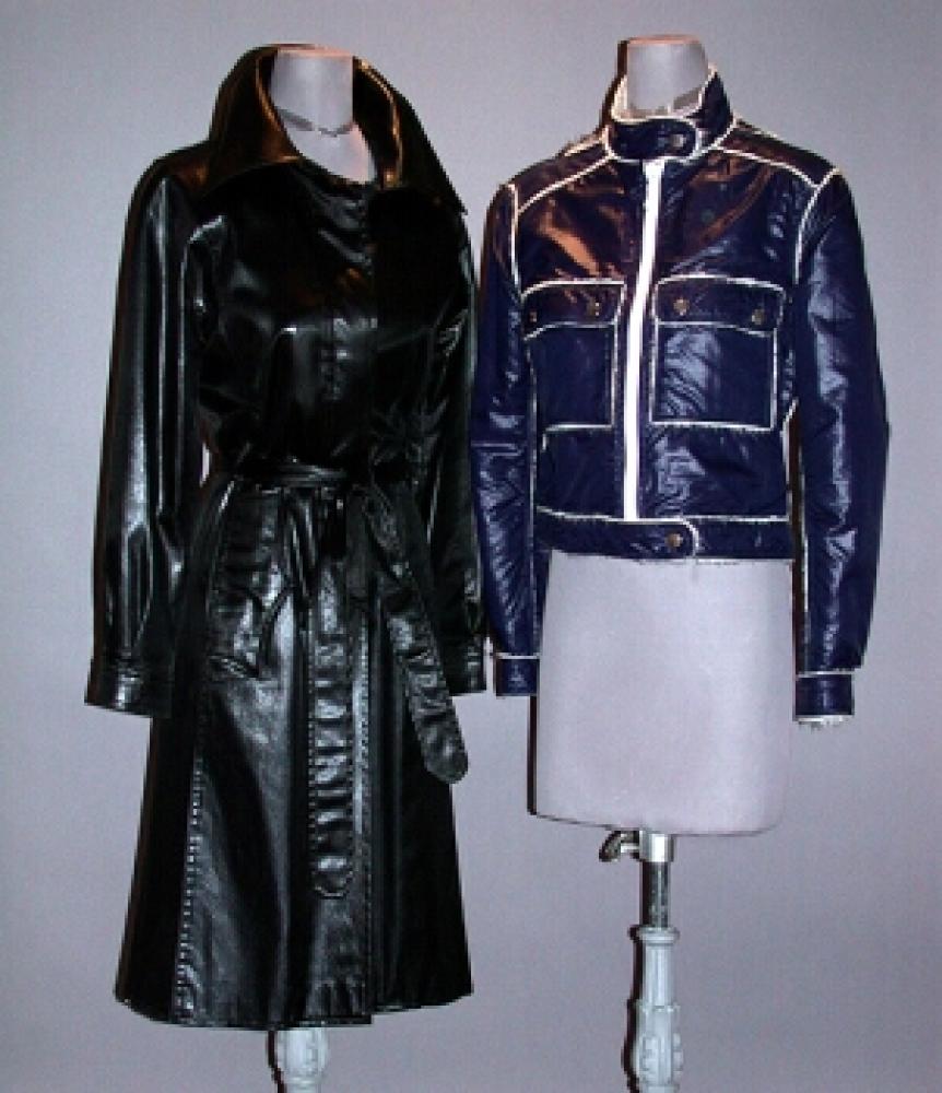 Courreges Jacket and Other Coat

Lot 552
Courreges Jacket and Other Coat
 French, late 1960s 
 The jacket of blue nylon with white fleece lining, waist length, front large plastic zipper, size 6, labeled: Courreges/Paris/Made in France, the second a black waterproof trench coat with black and white checked lining, labeled: Made In Italy for Nan Duskin.
Each good condition, general wear.