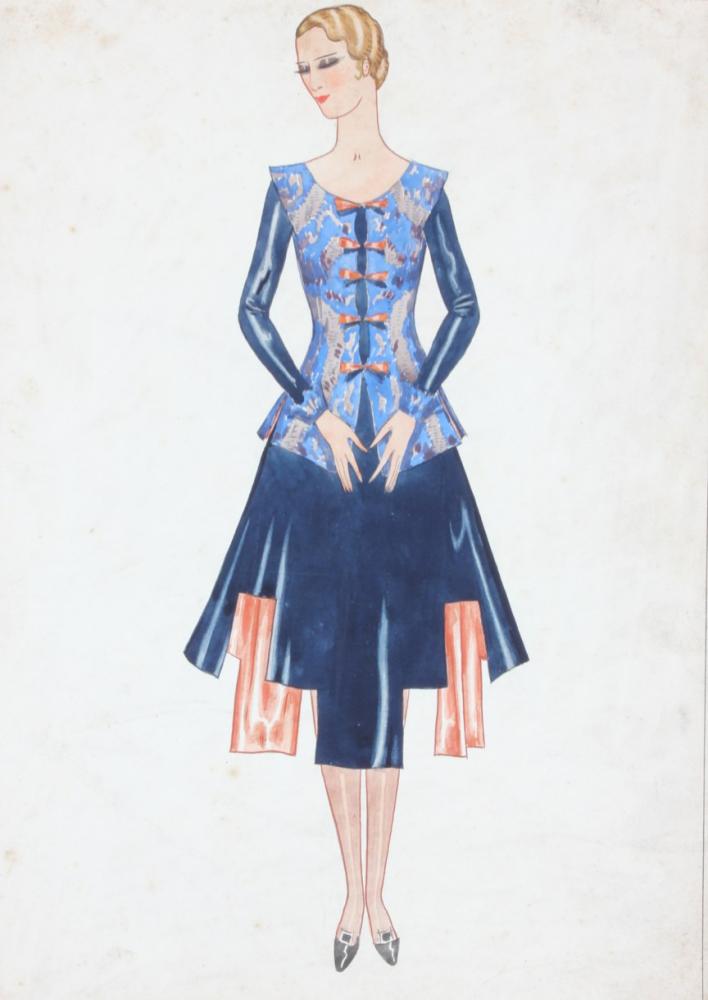 

Elliot Hodgkin fashion sketches, circa 1928-9, each signed in the margin, gouache on artist’s board, day and evening wear ensembles, each approx 35 by 25cm (16)

