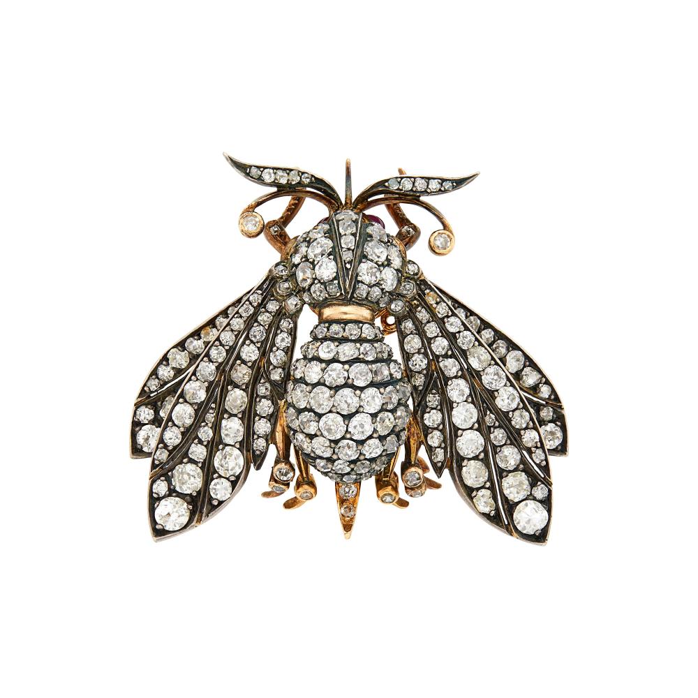 Property from a Prominent Maryland CollectionOld-mine and old European-cut diamonds ap. 7.75 cts., circa 1890, brooch fitting detachable, ap. 18 dwts.

Gold tests as 14 kt.Diamonds: H-I-several J-K-VS-SI, several Imperfect.1 7/8 x 1 15/16 inches.                            
Any condition statement is given as a courtesy to a client, is an opinion and should not be treated as a statement of fact and our Organization shall have no responsibility for any error or omission. Please contact the specialist department to request further information or additional images that may be available.