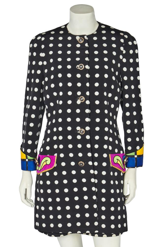 A Gianni Versace polka dot silk ensemble, Spring -Summer 1991

A Gianni Versace polka dot silk ensemble, Spring -Summer 1991

Couture labelled, the short shift dress with green faille pocket flaps appliqued with yellow disc and purple. blue scrolls; the matching coat with colourful patchwork effect cuffs and matching pockets, facetted black buttons inset with rhinestones, dress bust 86cm 34in (2)

Share this lot: